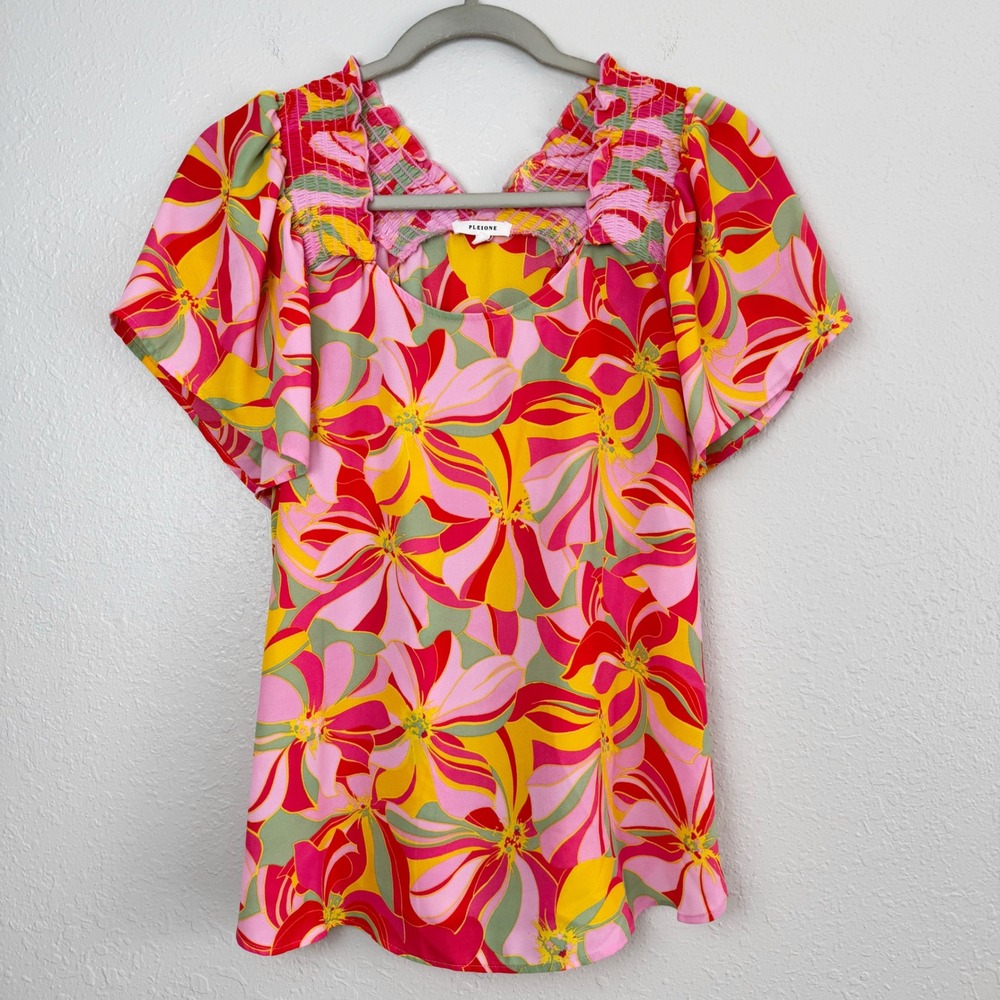 Pleione Floral Smocked round Neck Flutter Sleeve Blouse Pink Yellow M